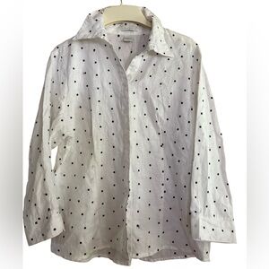Tweeds White Embroidered Black Polka Dot Linen Button Down Shirt XL EUC